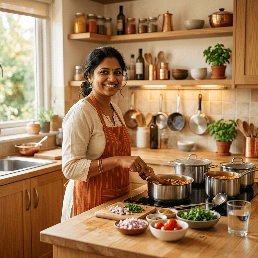 Smiling home cook preparing meals in a warm kitchen